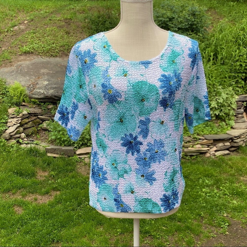 Two piece popcorn top and jacket blue green floral design Guessing L-XL - Picture 4 of 16
